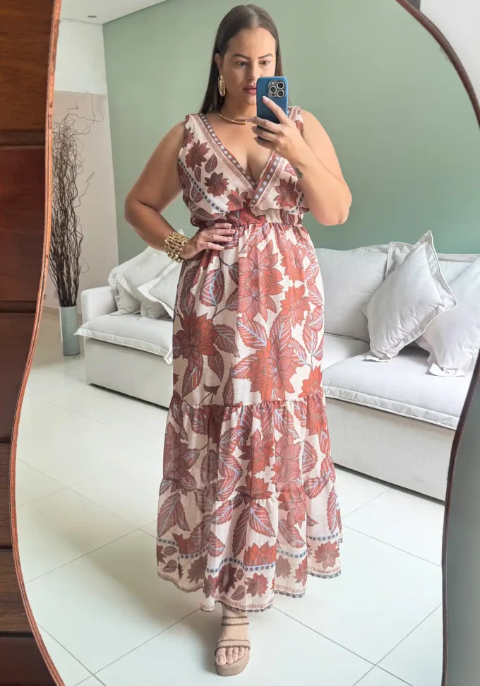 Vestido Longo Plus Size Sem Manga Ref 207282 Marrie Estampa Marrom - 58