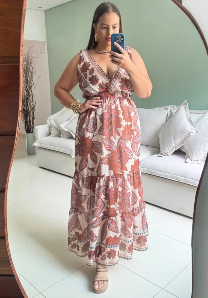 Vestido Longo Plus Size Sem Manga Ref 207282 Marrie Estampa Marrom "Aurora" - 54