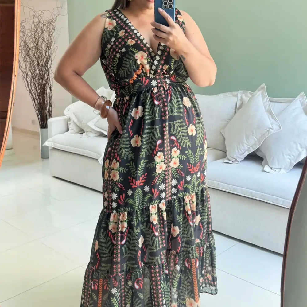Vestido Longo Plus Size Sem Manga Ref 207282 Marrie Estampa Preto - 52