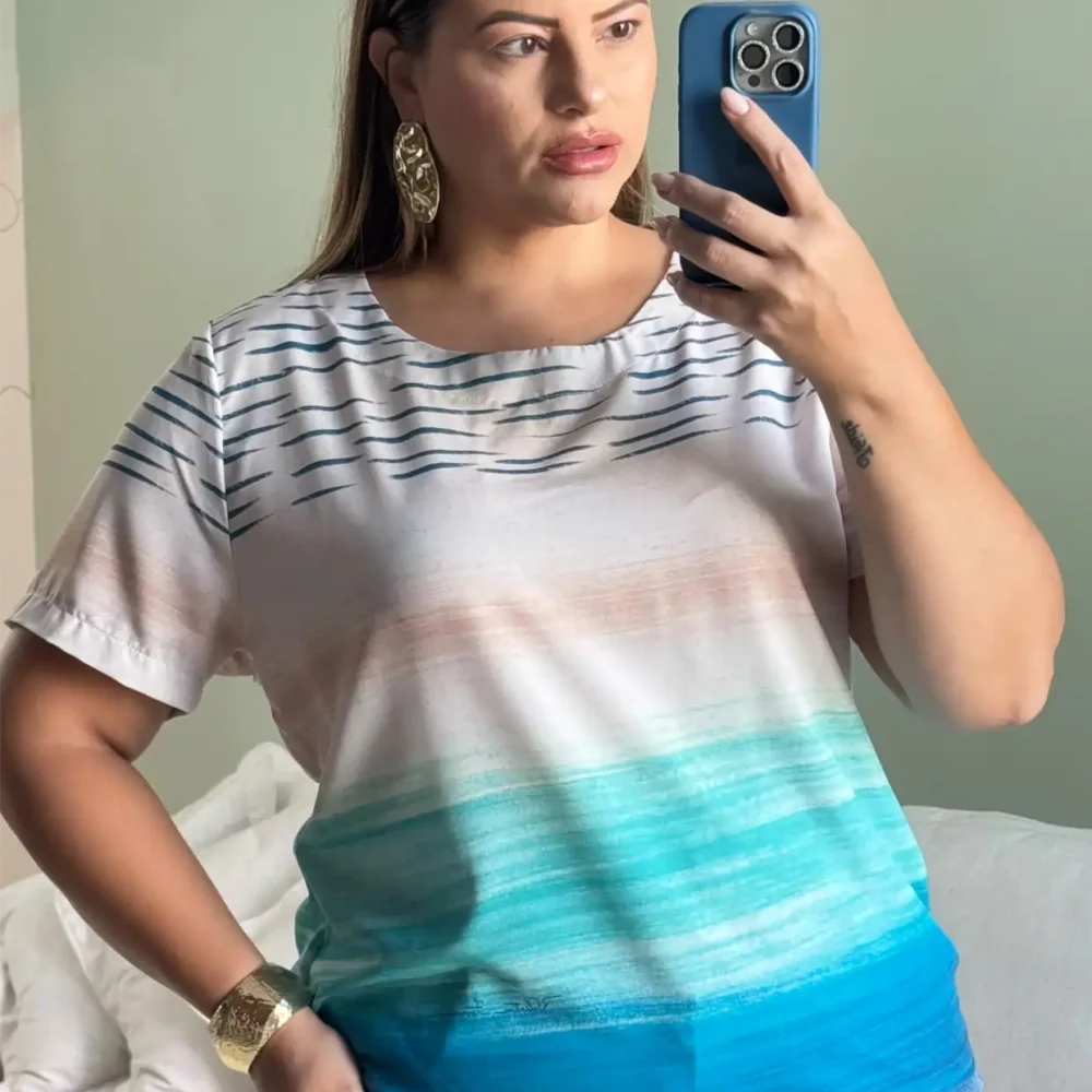 Blusa Feminina Plus Size Manga Curta Ref 4532 Estampa Bege Azul