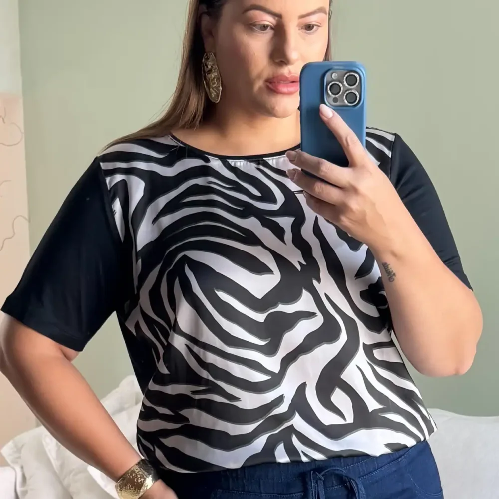 Blusa Feminina Plus Size Manga Curta Ref 51140017 Estampa Zebra - 52