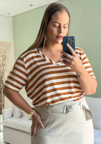 Blusa Feminina Plus Size Manga Curta  Ref 51140007 Listra Ferrugem - 54