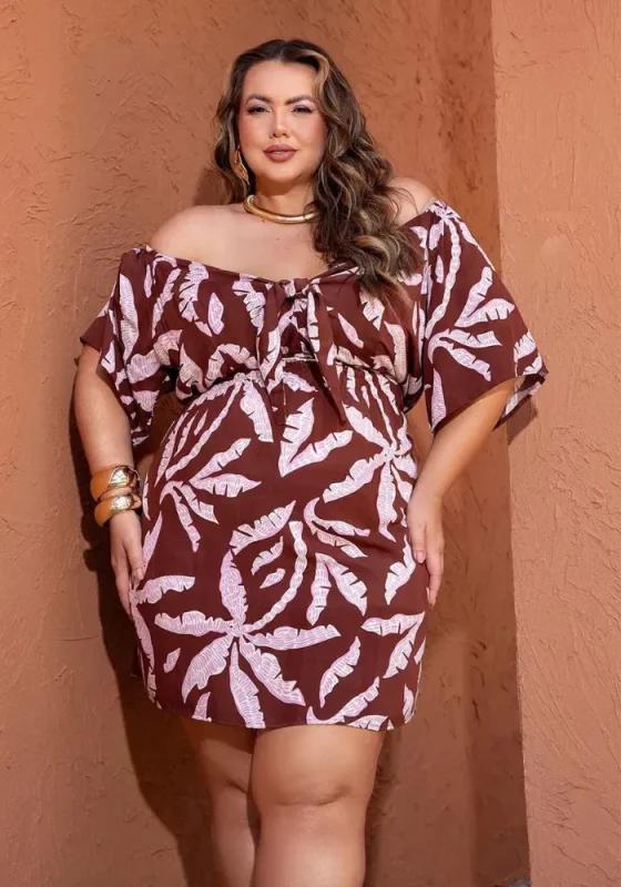 Vestido Plus Size Manga Curta Ref 900779 Marrom Rosa