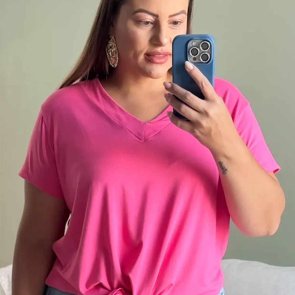 Blusa Feminina Plus Size Manga Curta Ref BMM-008 Rosa