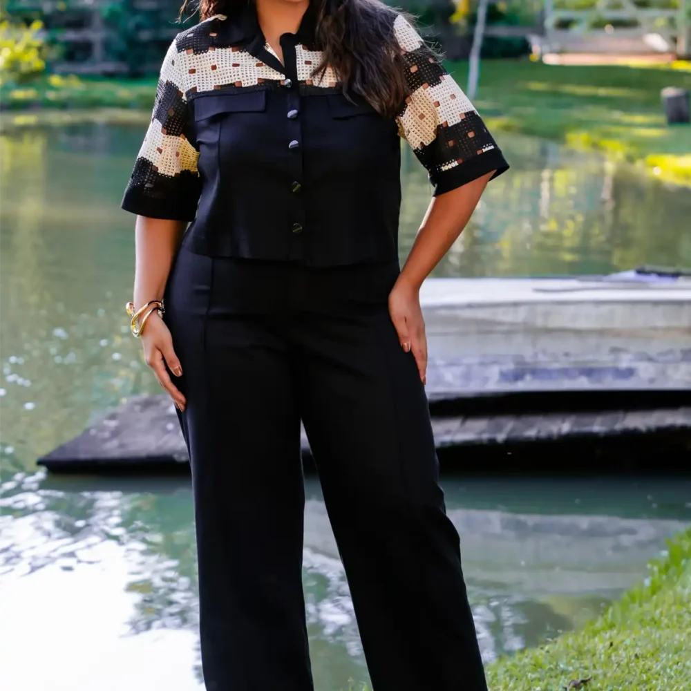 Conjunto Feminino Plus Size Blusa + Calça 12600 Preto - 52