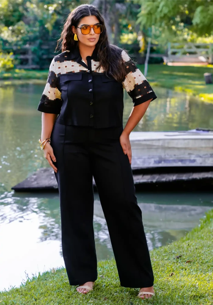 Conjunto Feminino Plus Size Blusa + Calça 12600 Preto - 54