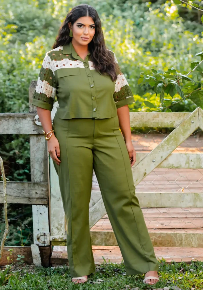 Conjunto Feminino Plus Size Blusa + Calça 12600 Verde - 48