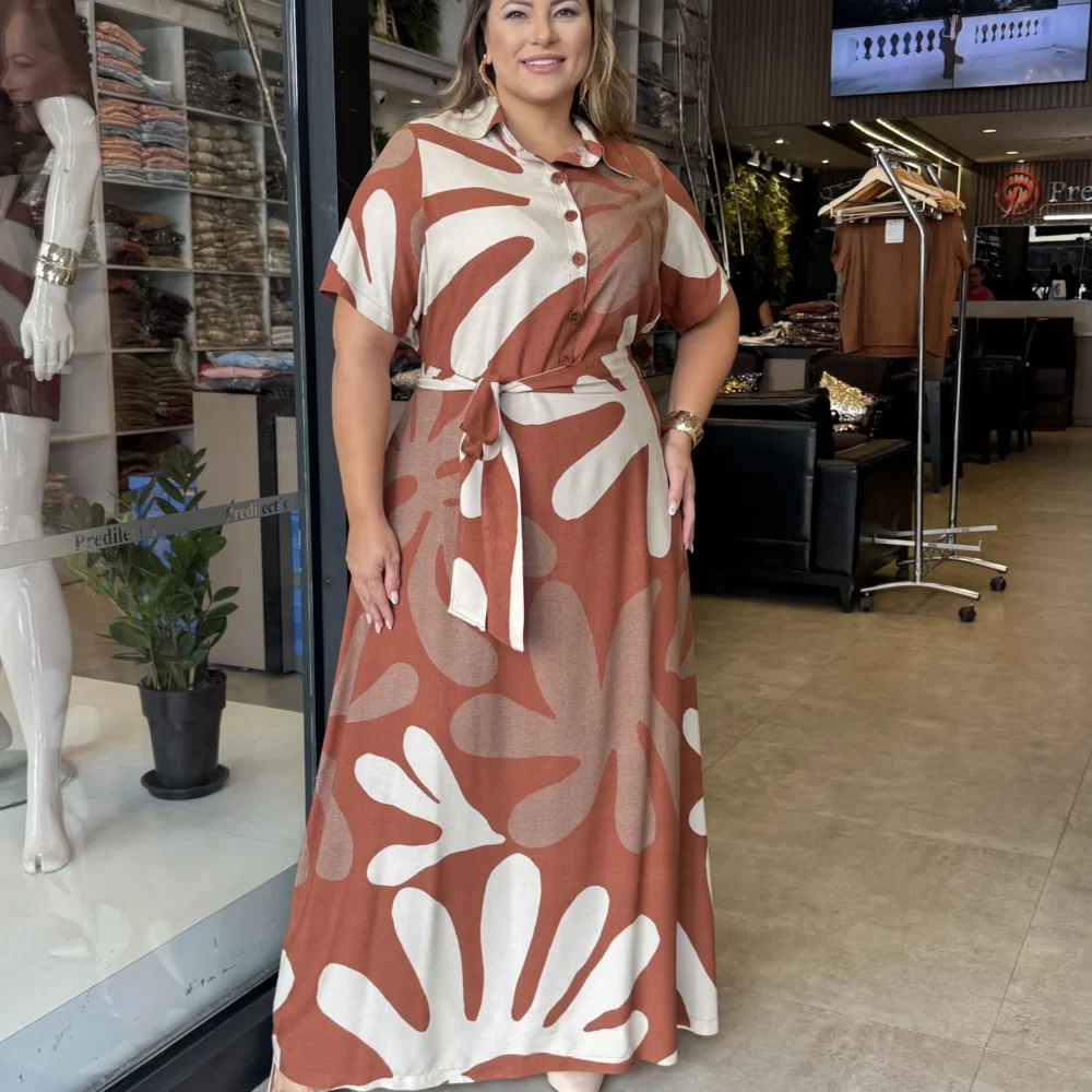 Vestido Longo Plus Size Manga Curta ref 12629 Bege Ferrugem - 50
