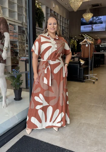 Vestido Longo Plus Size Manga Curta ref 12629 Bege Ferrugem