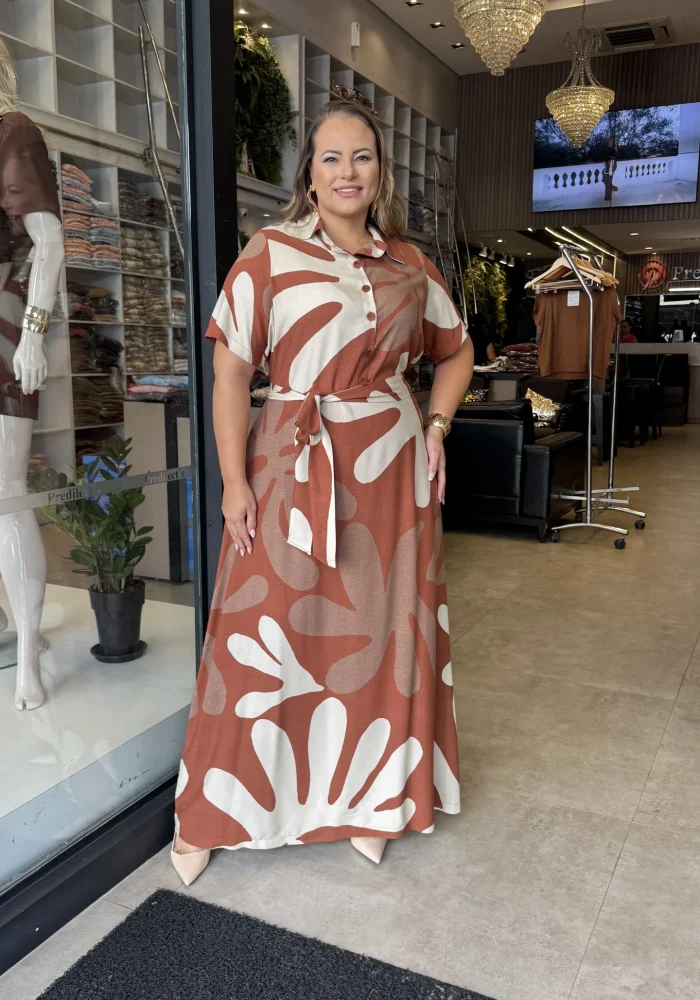 Vestido Longo Plus Size Manga Curta ref 12629 Bege Ferrugem