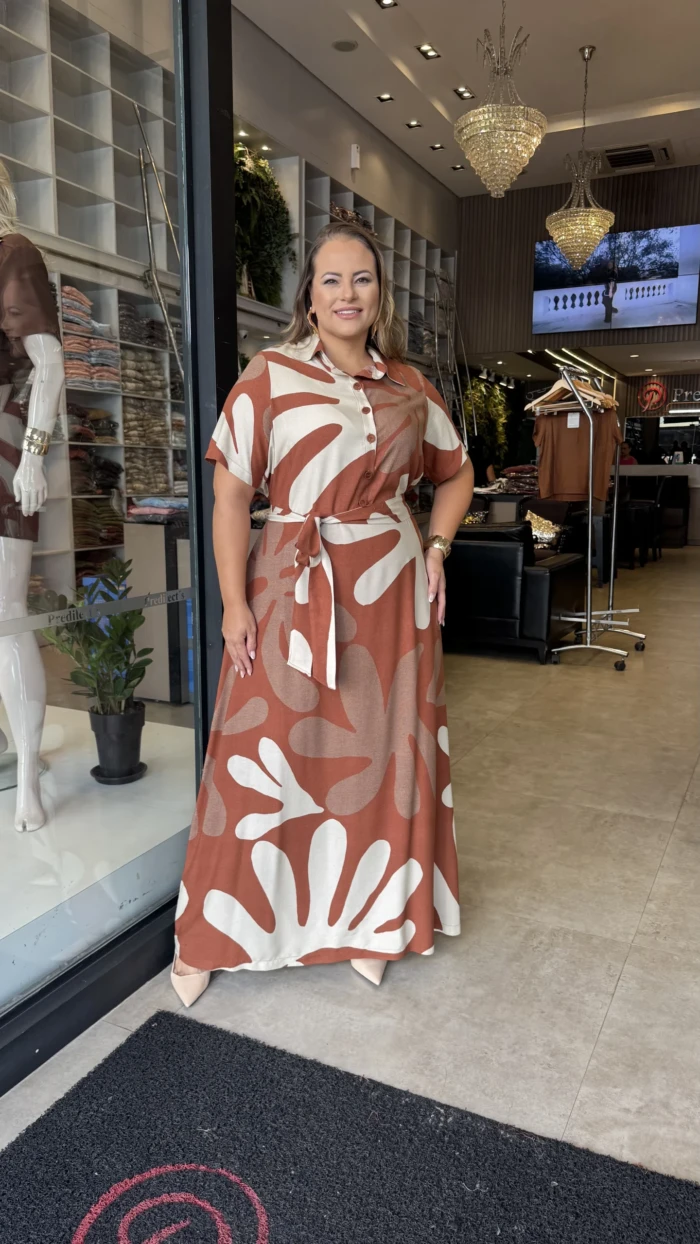 Vestido Longo Plus Size Manga Curta ref 12629 Bege Ferrugem - 52