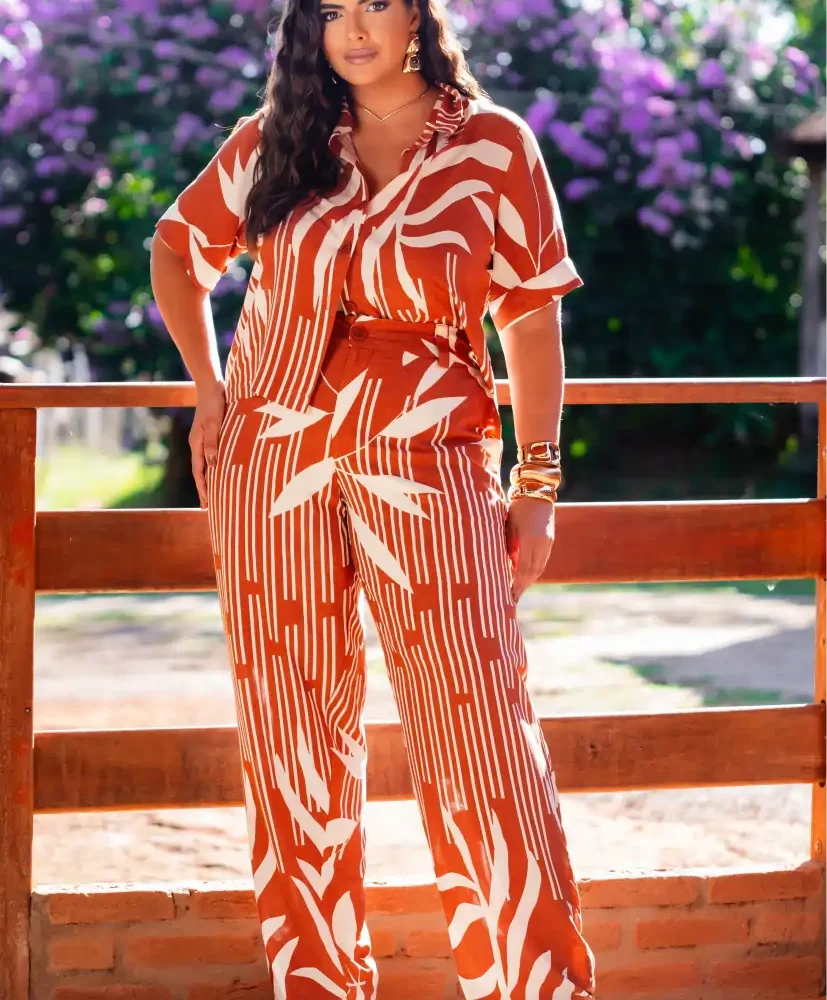 Conjunto Feminino Plus Size Blusa + Calça Ref 12630 Estampa Ferrugem - 54