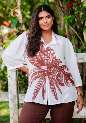 Camisa Feminina Plus Size Manga 3/4 Ref 12631 Off White