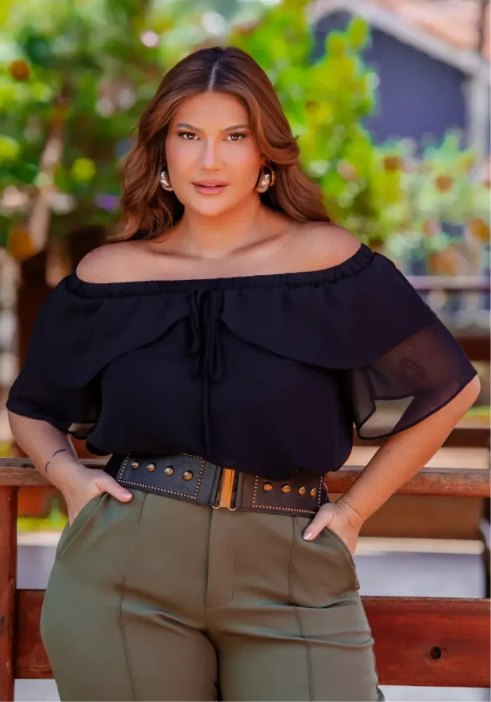 Blusa Feminina Plus Size Manga Curta Ref 12639 Preto