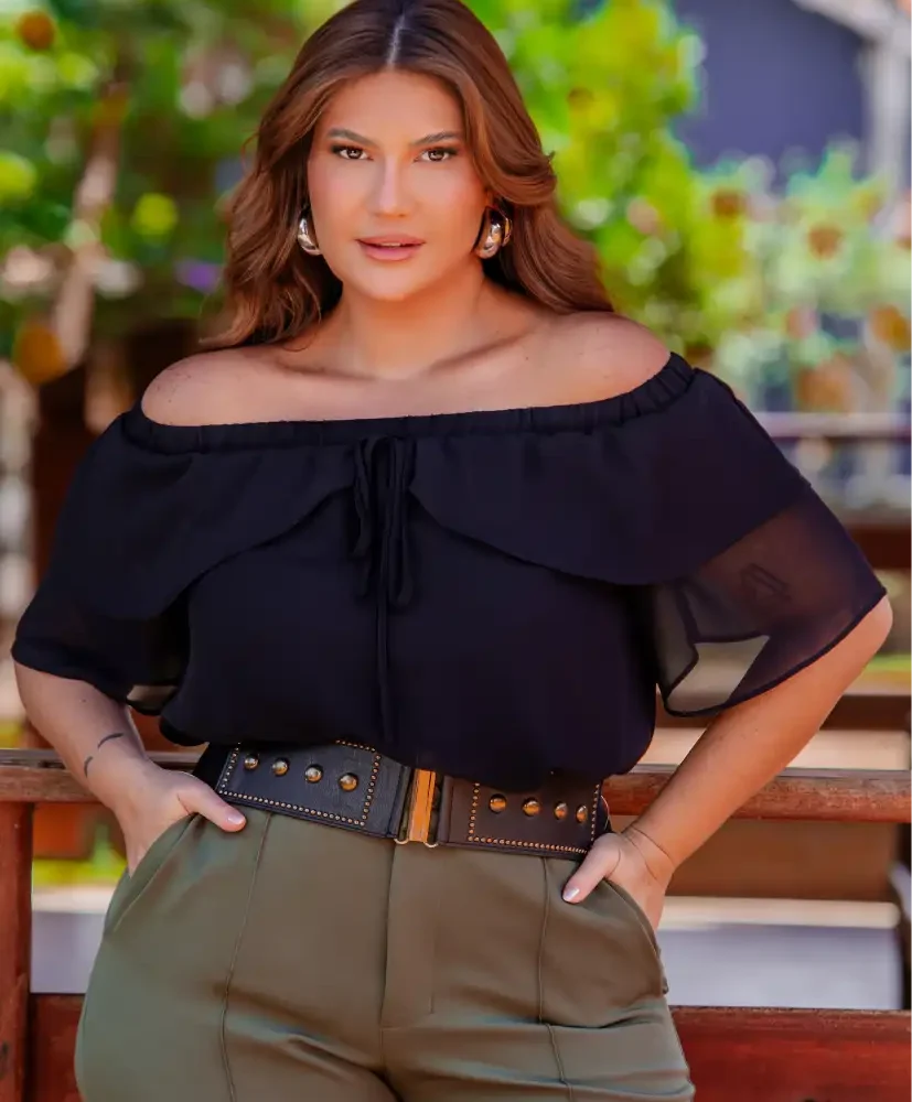 Blusa Feminina Plus Size Manga Curta Ref 12639 Preto DUDA - 46