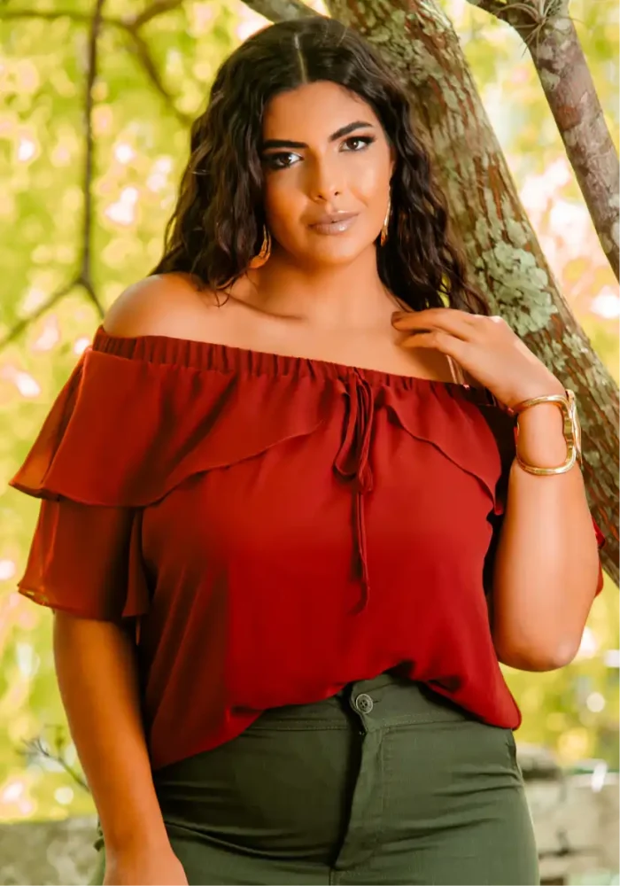 Blusa Feminina Plus Size Manga Curta Ref 12639 Bordo