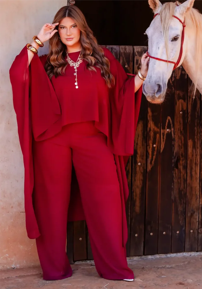 Conjunto Feminino Plus Size Blusa + Calça Ref 12646 Bordo