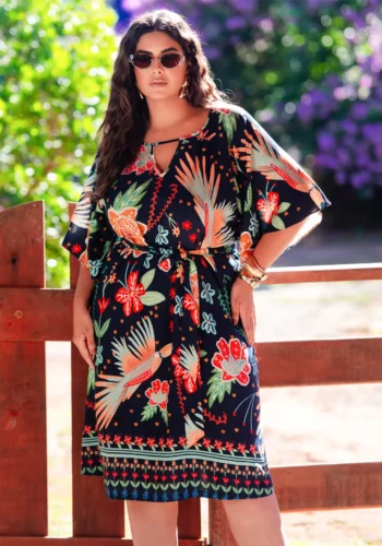 Vestido Plus Size Manga Curta Ref 12652 Estampa Marinho