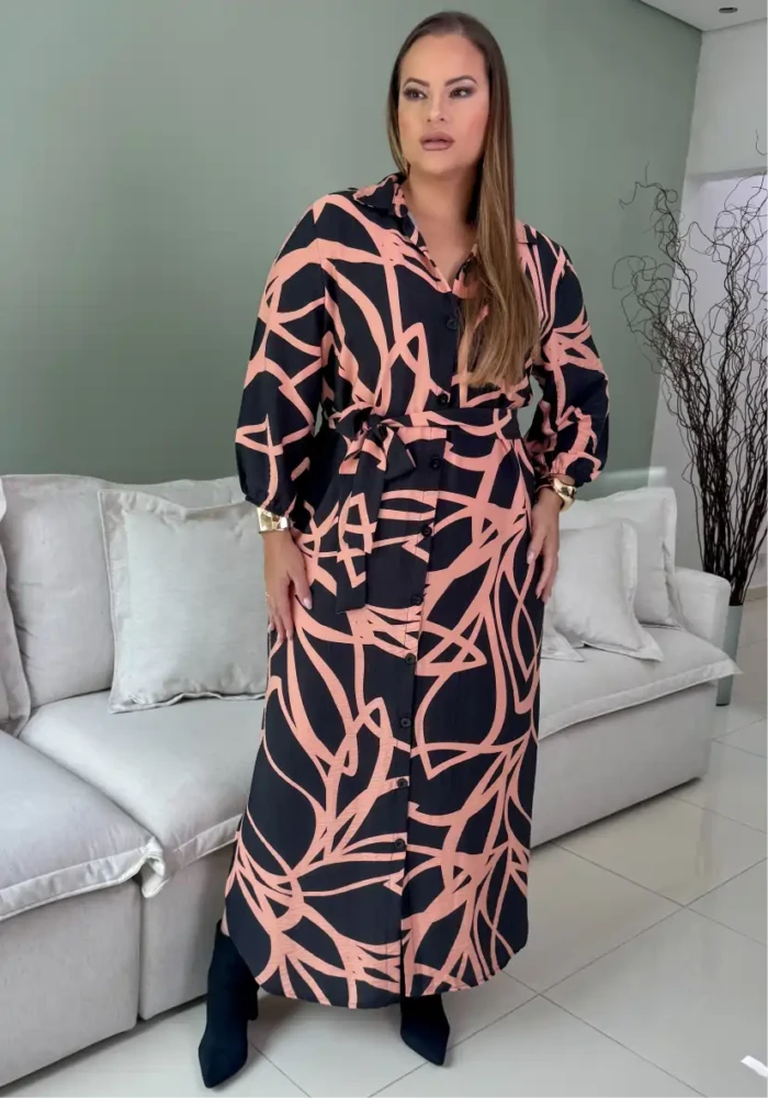 Vestido Mid Plus Size Manga Curta Ref 206681 Estampa Preto Rose - 54
