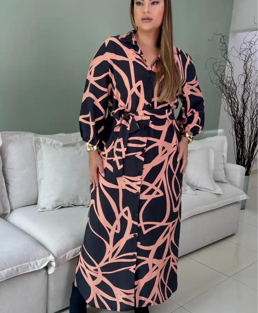 Vestido Mid Plus Size Manga Curta Ref 206681 Estampa Preto Rose - 60