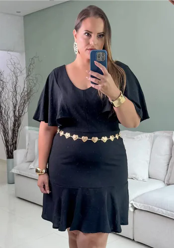 Vestido Plus Size Manga Curta Ref 206879 Preto - 50