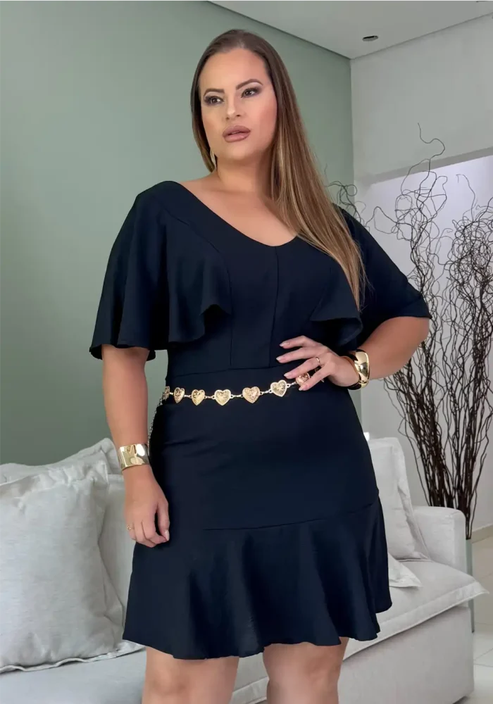 Vestido Plus Size Manga Curta Ref 206879 Preto - 56