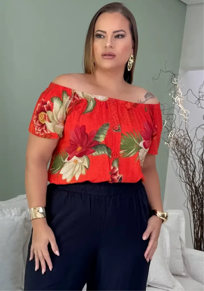 Blusa Feminina Plus Size Manga Curta Ref 222994 Marrie Estampa Vermelho - 60