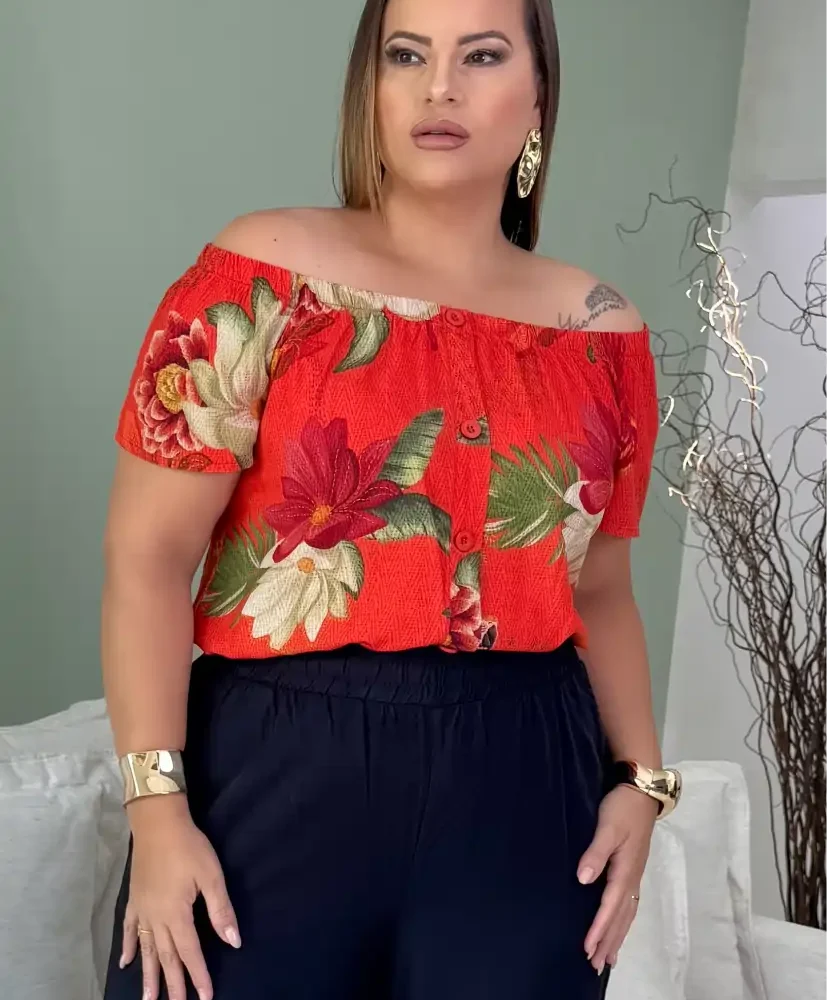 Blusa Feminina Plus Size Manga Curta Ref 222994 Marrie Estampa Vermelho - 52