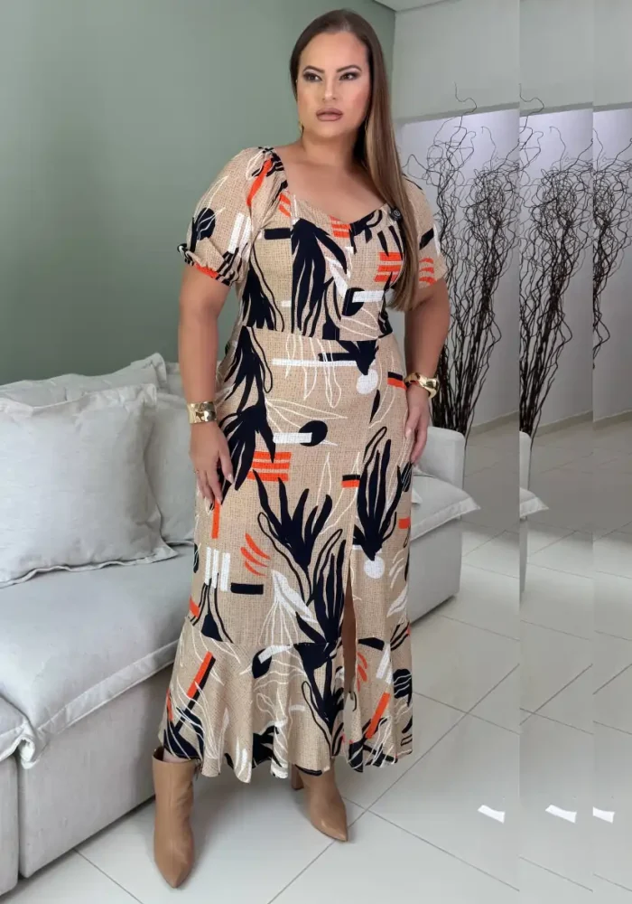 Vestido Mid Plus Size Manga Curta Ref 223075 Marrie Bege - 48