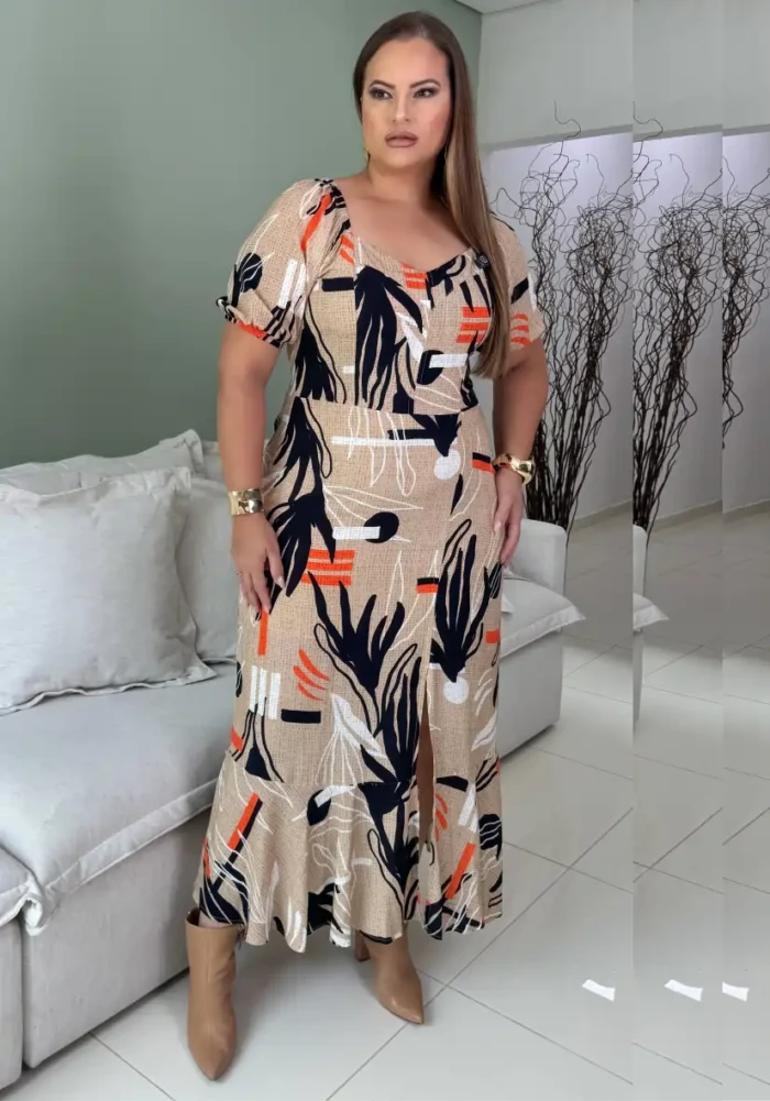 Vestido Mid Plus Size Manga Curta Ref 223075 Marrie Bege - 60