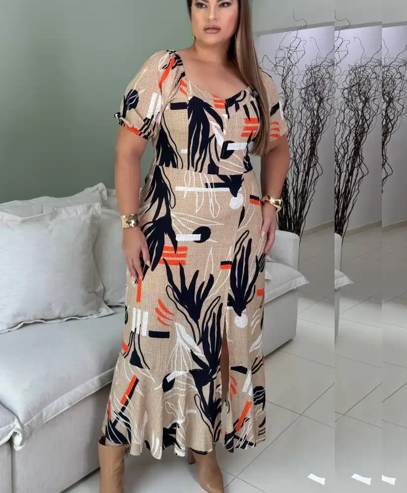 Vestido Mid Plus Size Manga Curta Ref 223075 Marrie Bege - 56