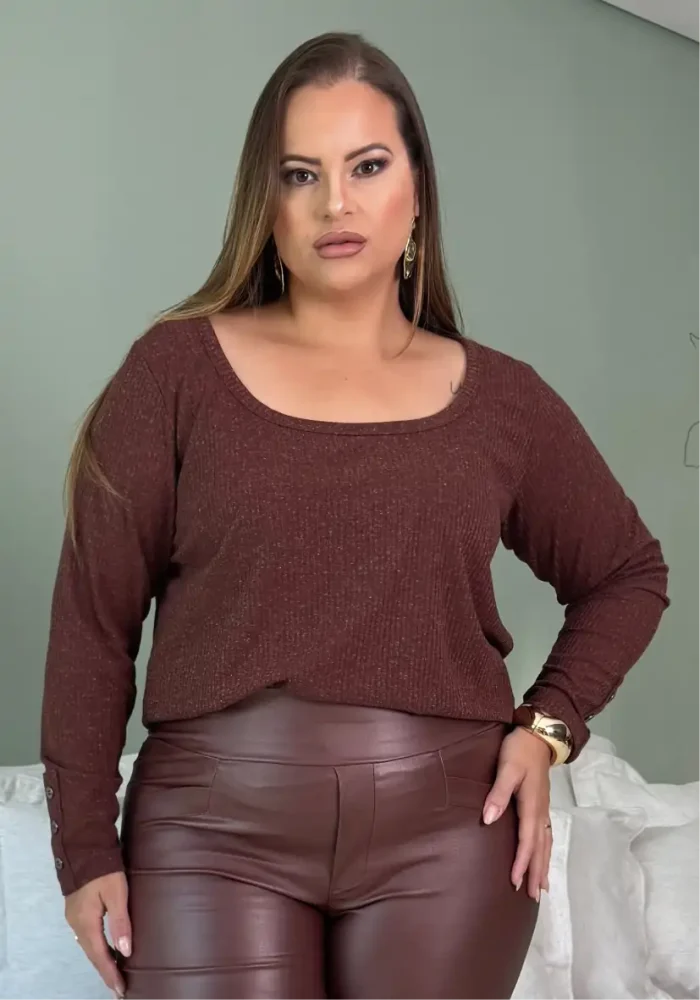 Blusa Feminina Plus Size Manga Longa Ref 51140004 Marrom