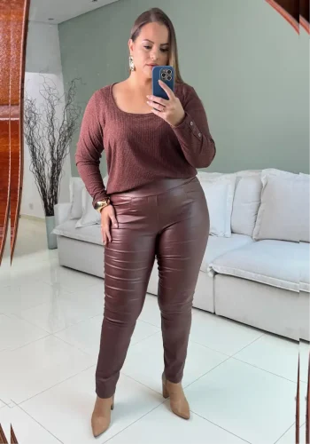 Calça Feminina Plus Size Skinny Resinada Ref 51140088 Marrom
