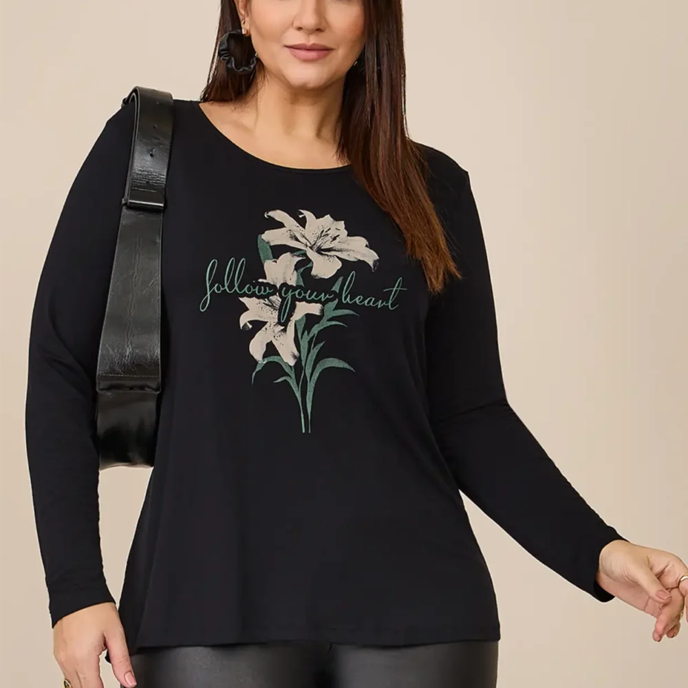 Blusa Feminina Plus Size Manga Longa 51140010 Preto - 50