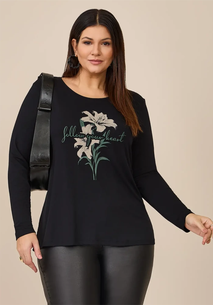 Blusa Feminina Plus Size Manga Longa 51140010 Preto - 52