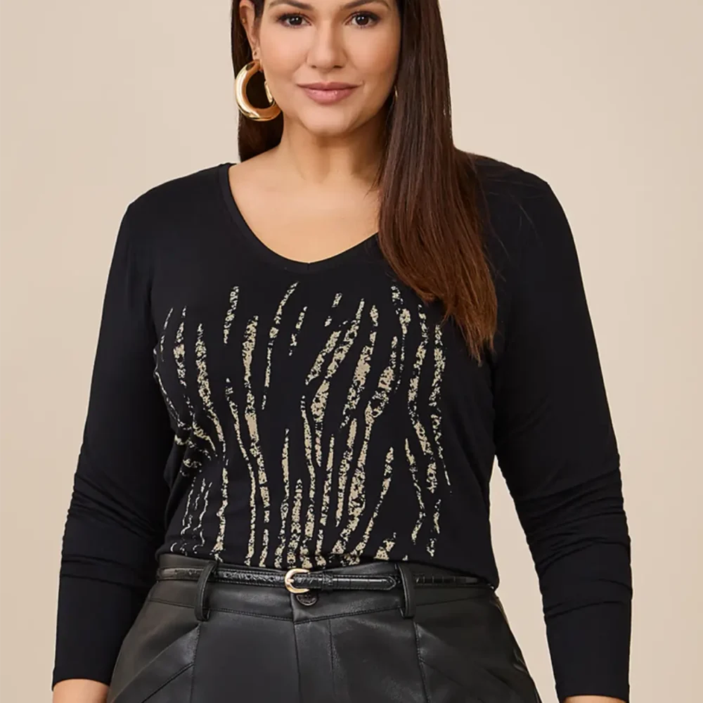 Blusa Feminina Plus Size Manga Longa 51140014 Preto - 46