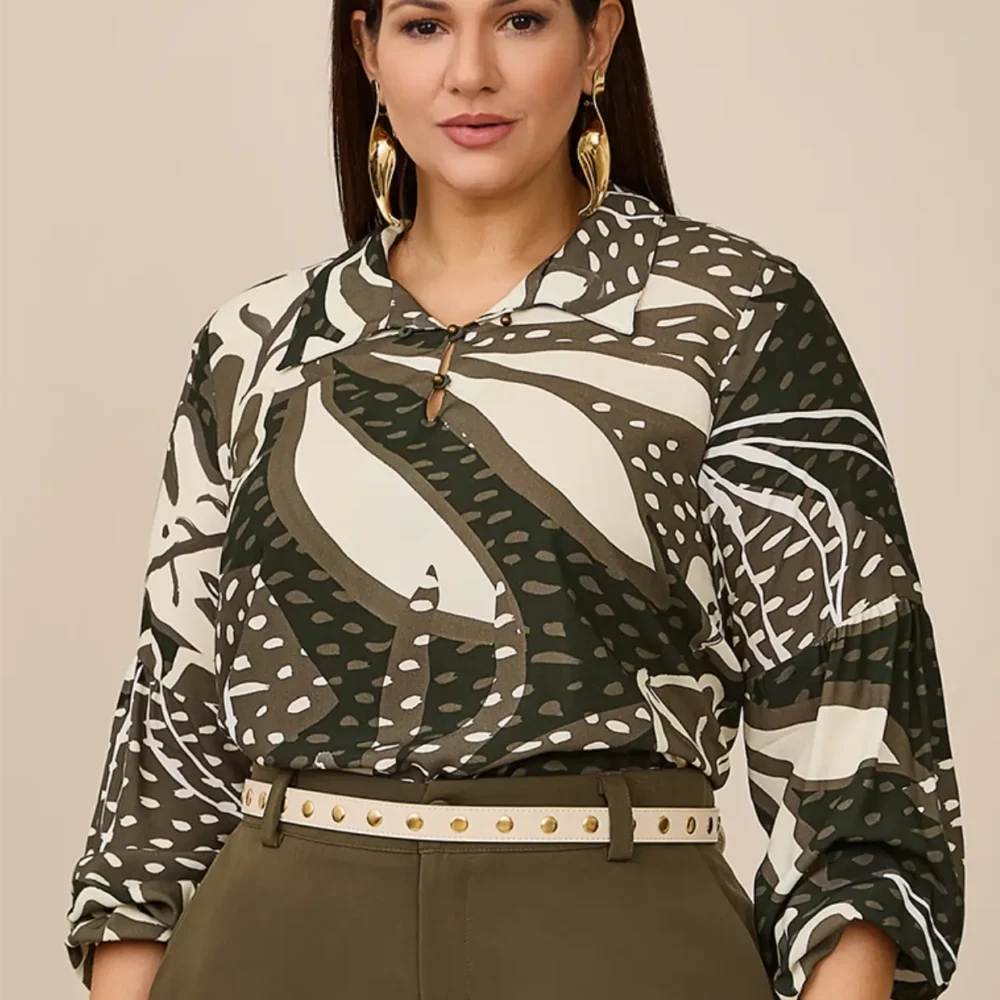 Blusa Feminina Plus Size Manga Longa 51140028 Estampa Musgo - 50