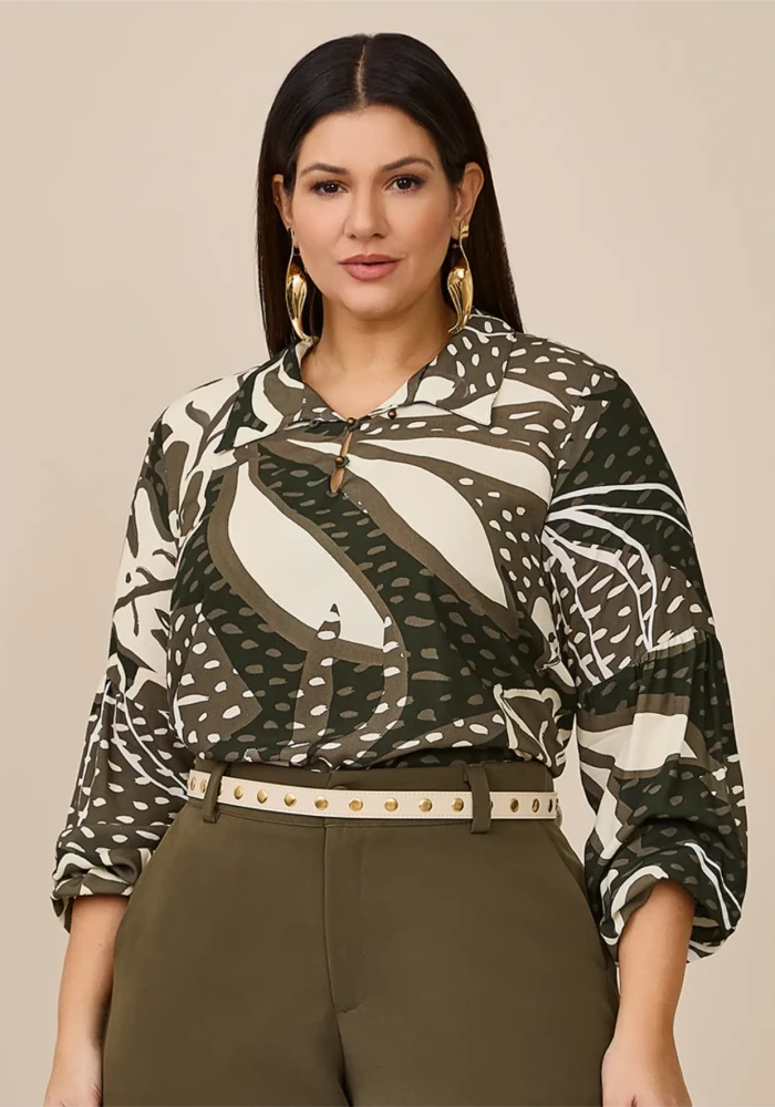 Blusa Feminina Plus Size Manga Longa 51140028 Estampa Musgo - 50