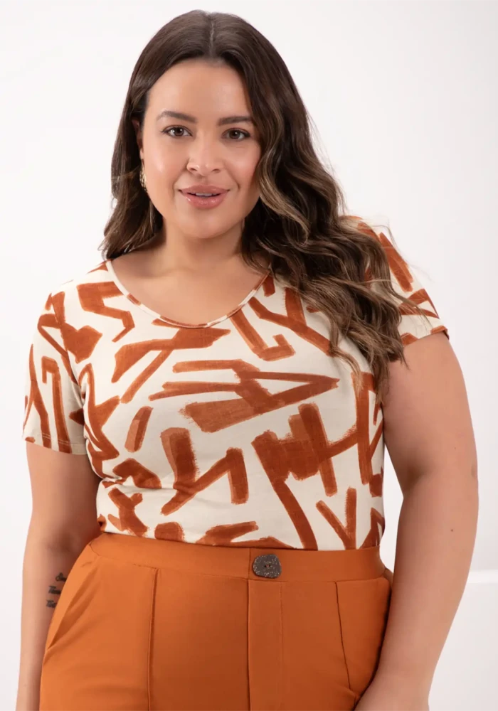 Blusa Feminina Plus Size Manga Curta Ref 69199 Bege Telha - 50