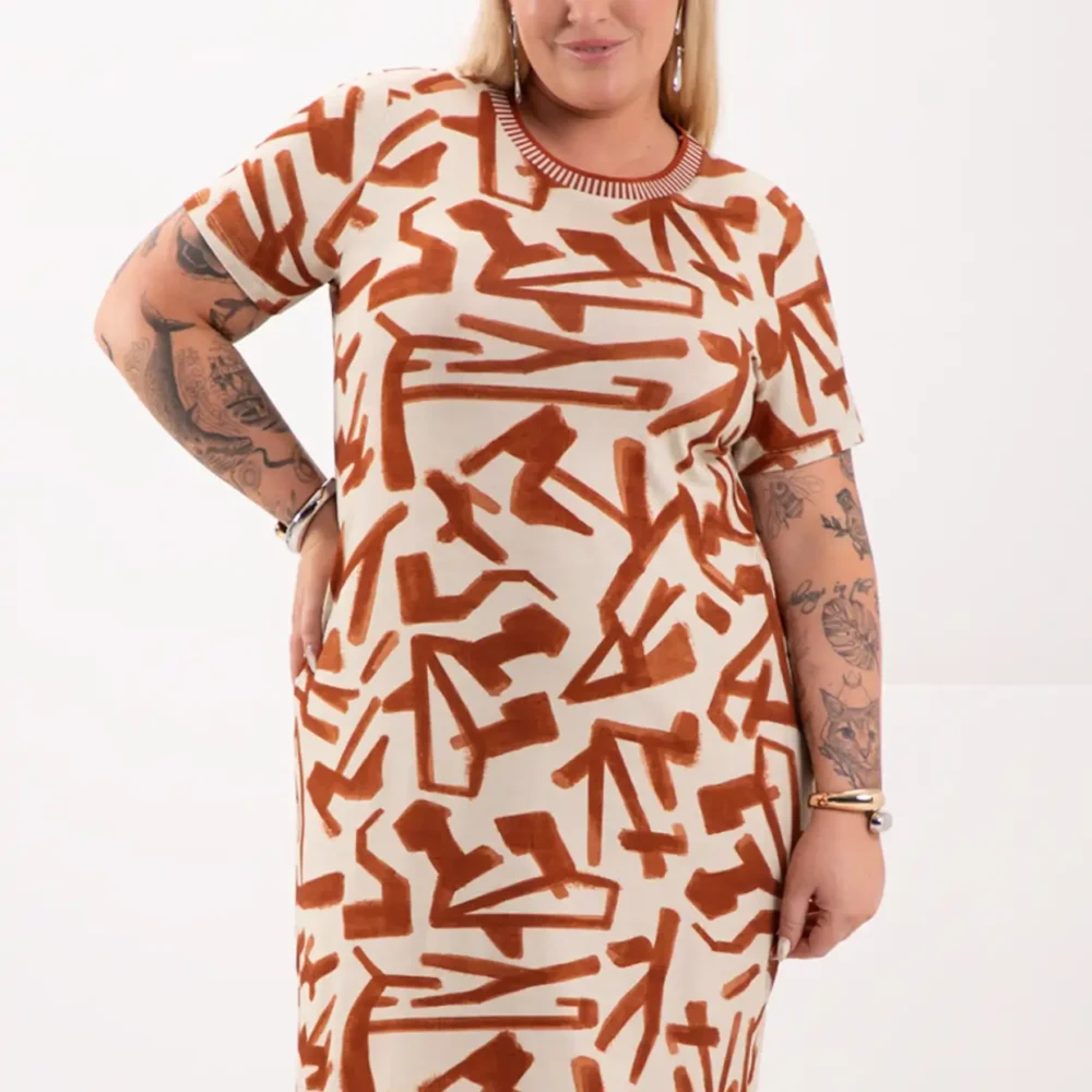 Vestido Plus Size Manga Curta Ref 69209 Bege Telha - 52