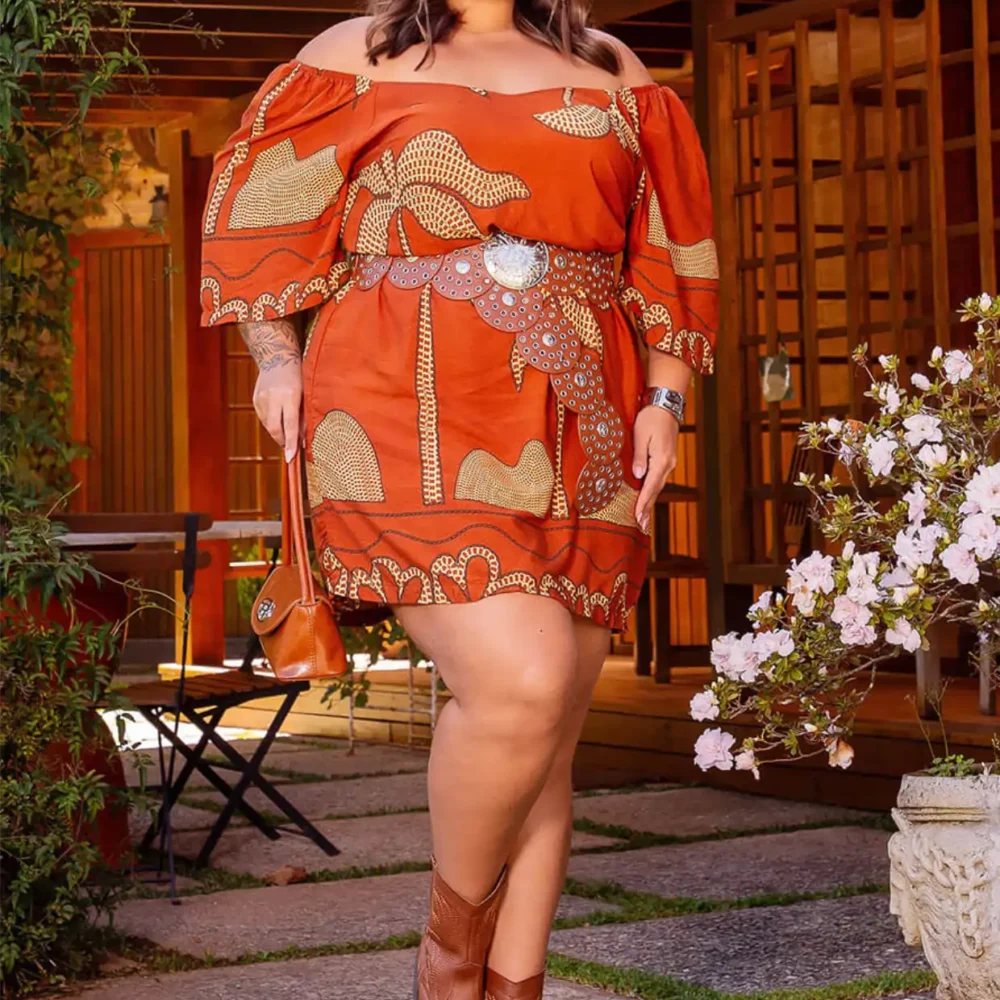 Vestido Plus Size Manga Curta Ref 900777 Estampa Ferrugem - 54