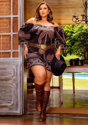 Vestido Plus Size Manga Curta Ref 900777 Estampa Preto