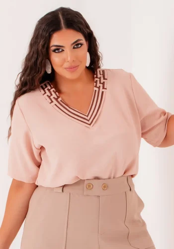 Blusa Feminina Plus Size Manga Curta Ref 12578 Bege - 54