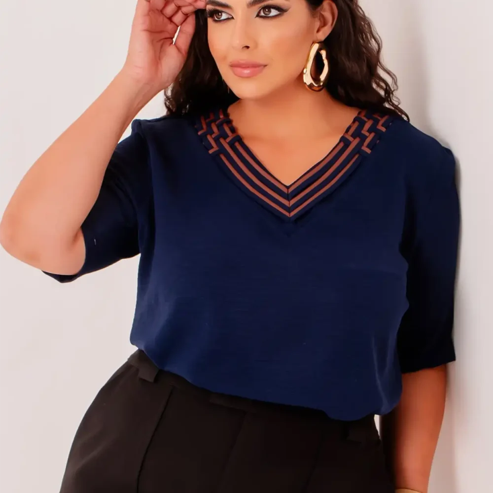 Blusa Feminina Plus Size Manga Curta Ref 12578 Marinho - 50
