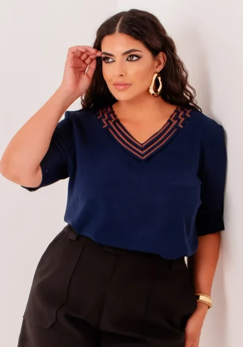 Blusa Feminina Plus Size Manga Curta Ref 12578 Marinho - 46