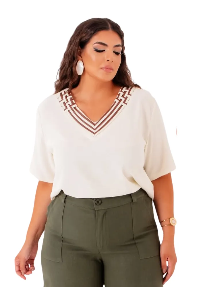 Blusa Feminina Plus Size Manga Curta 12578 Off White - 54