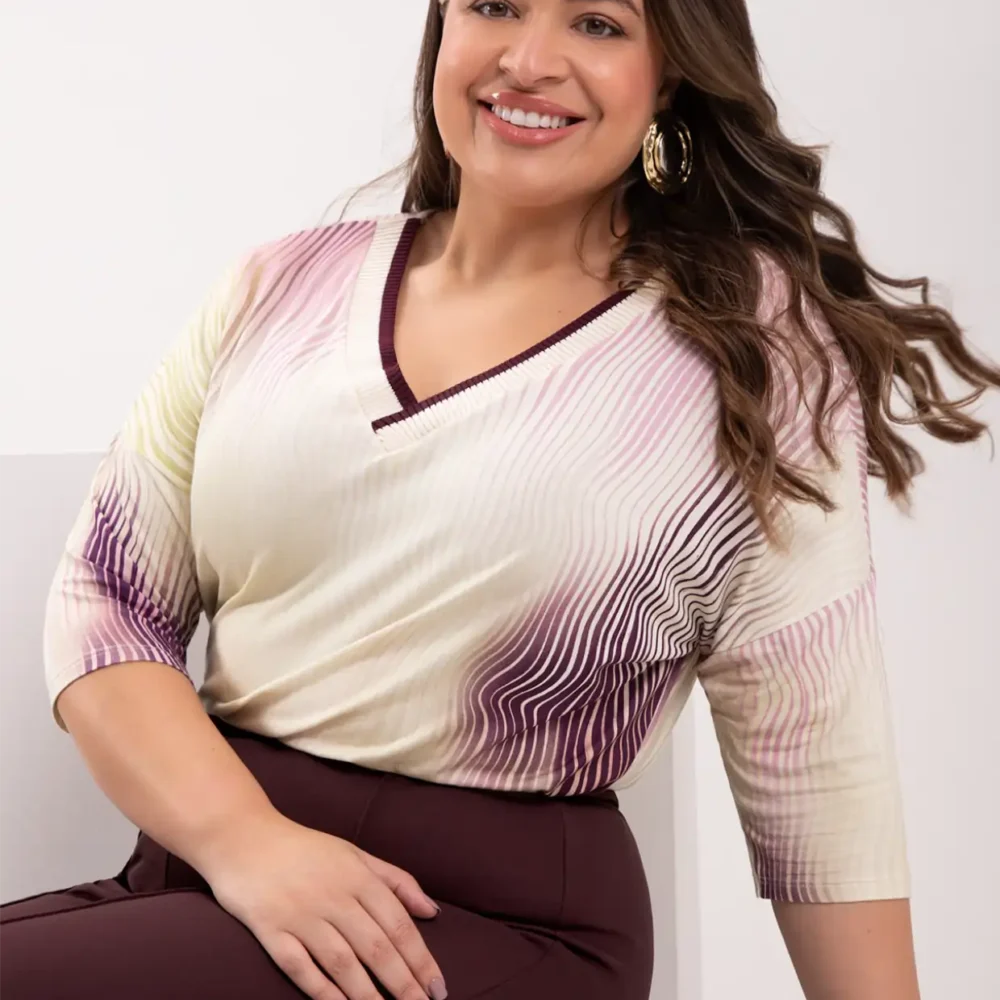 Blusa Feminina Plus Size Manga 3/4 Ref 69165 Estampa Creme - 52