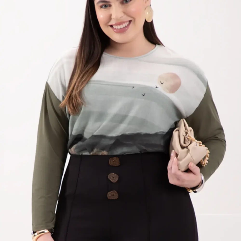 Blusa Feminina Plus Size Manga Longa Ref 69169 Verde - 46