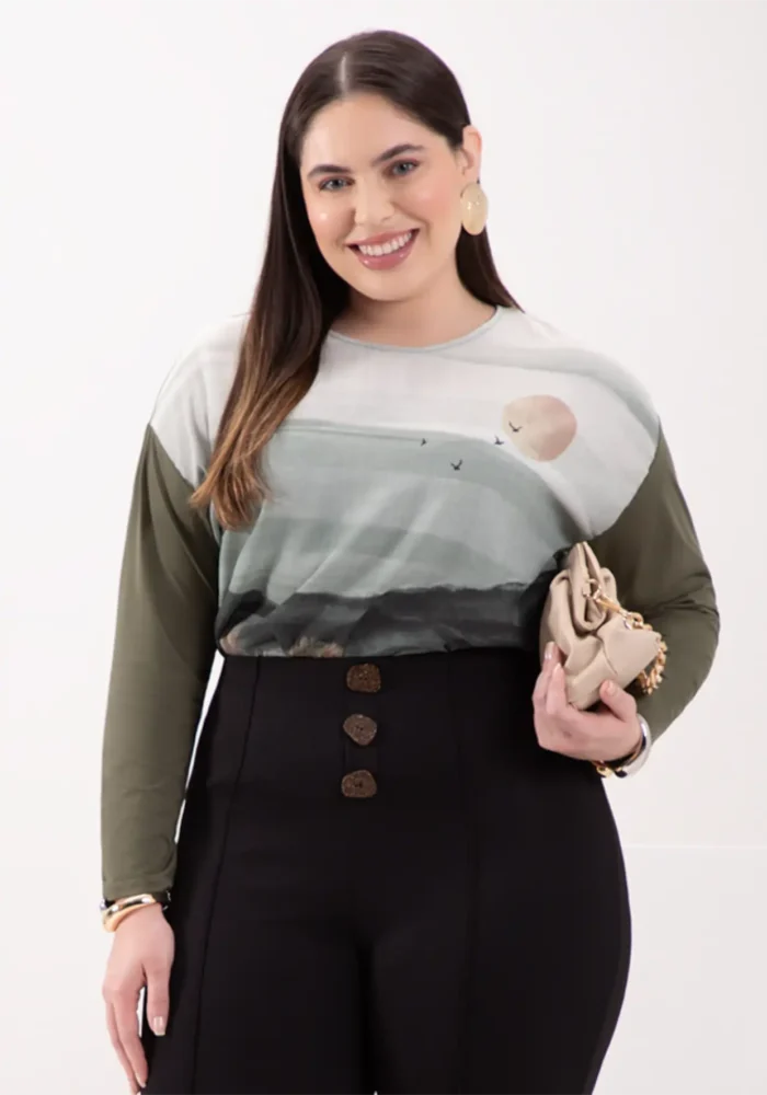 Blusa Feminina Plus Size Manga Longa Ref 69169 Verde "Graziele" - 52
