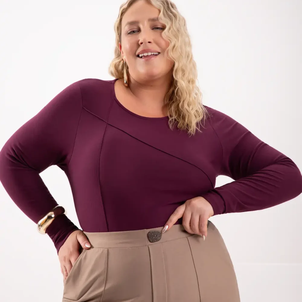 Blusa Feminina Plus Size Manga Longa Ref 69173 Vinho - 50